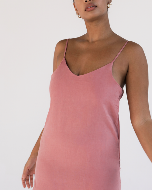 100% French Flax Linen Midi Dress in Pink Clay
