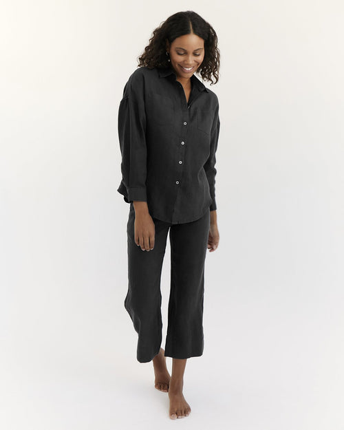 100% Linen Long Sleeve Shirt in Charcoal
