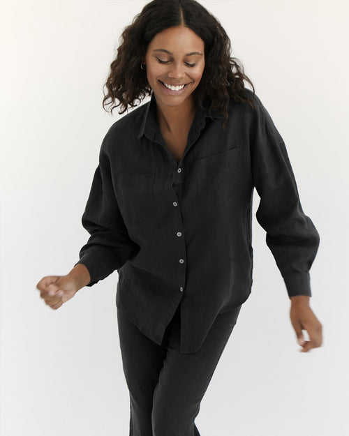 100% Linen Long Sleeve Shirt in Charcoal