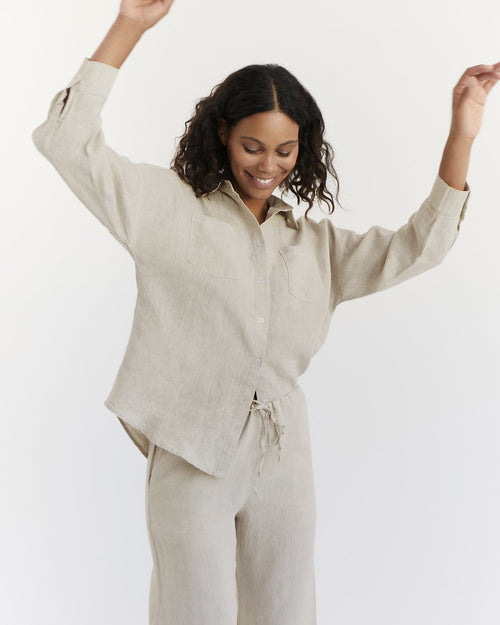 100% Linen Long Sleeve Shirt in Oatmeal