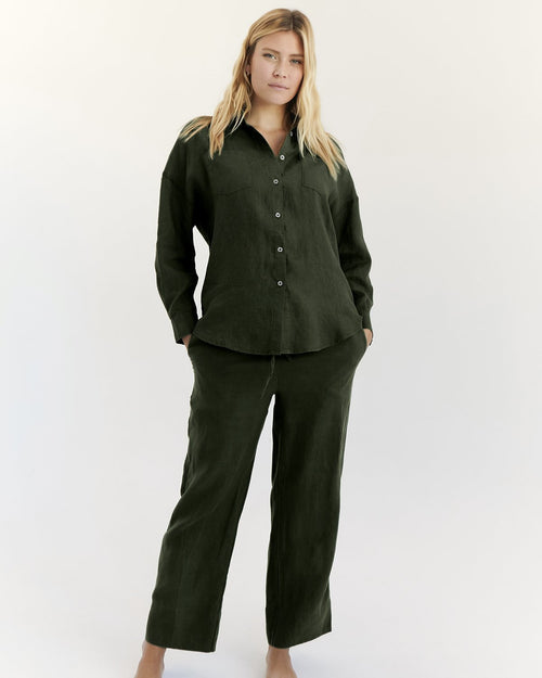 100% Linen Long Sleeve Shirt in Olive
