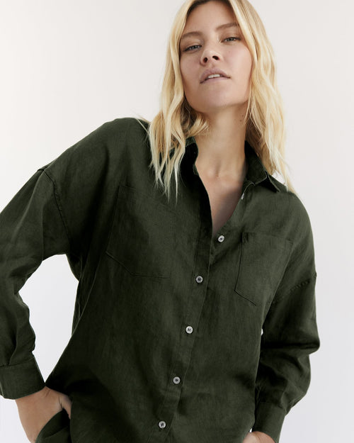 100% Linen Long Sleeve Shirt in Olive