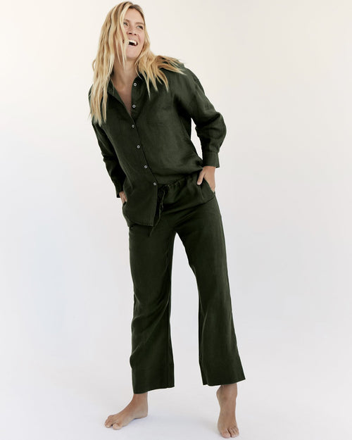 100% Linen Long Sleeve Shirt in Olive
