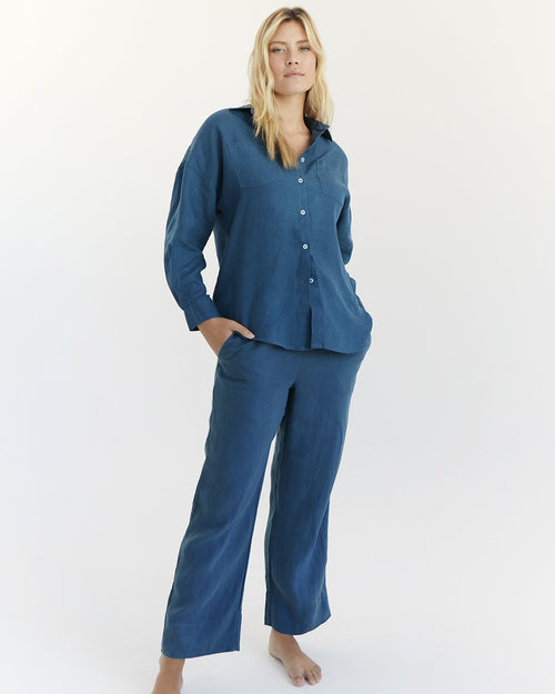 100% French Flax Linen Pants in Petrol