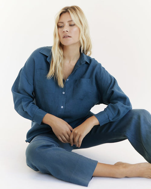 100% Linen Long Sleeve Shirt in Petrol