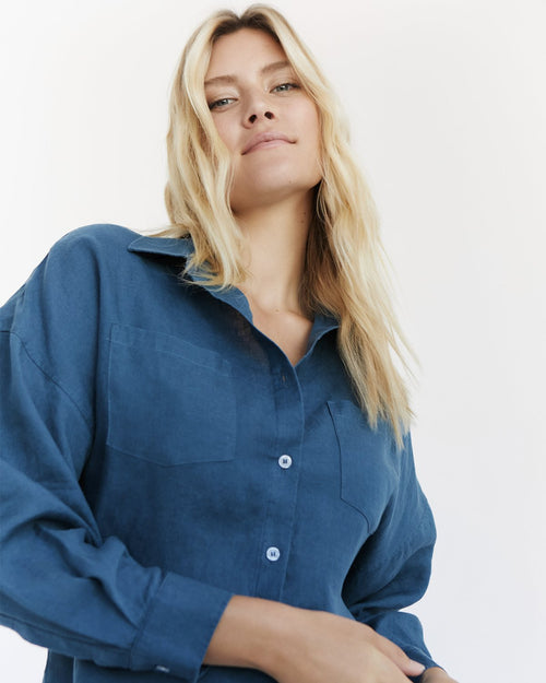 100% Linen Long Sleeve Shirt in Petrol