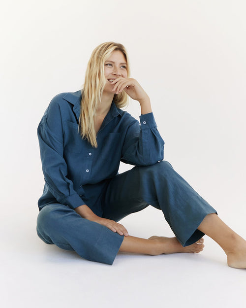 100% French Flax Linen Pants in Petrol