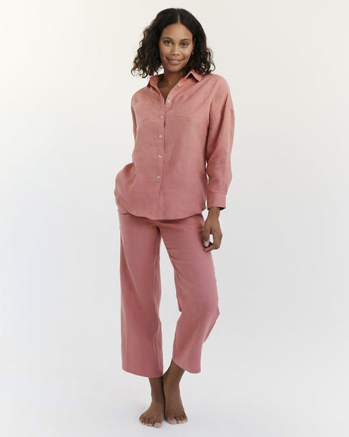 100% Linen Long Sleeve Shirt in Pink Clay
