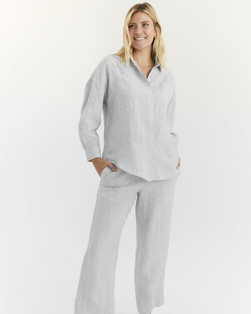100% Linen Long Sleeve Shirt in Pinstripe