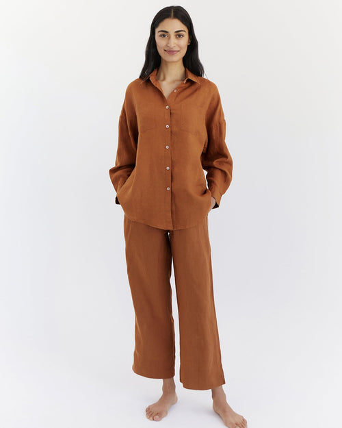 100% Linen Long Sleeve Shirt in Rust