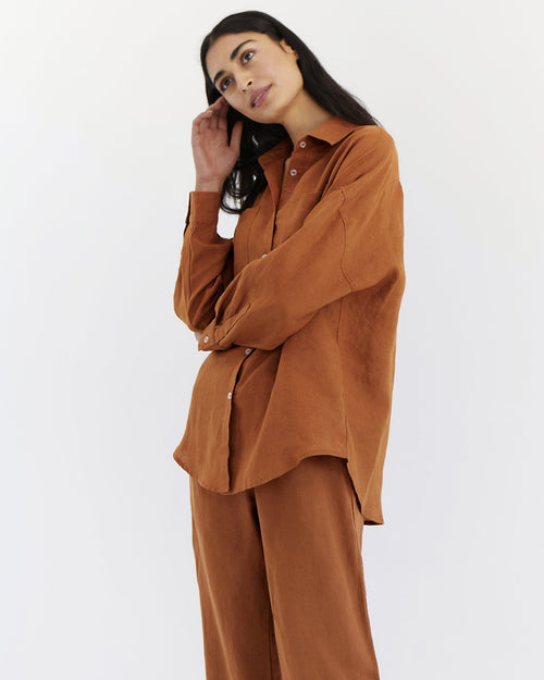 100% Linen Long Sleeve Shirt in Rust