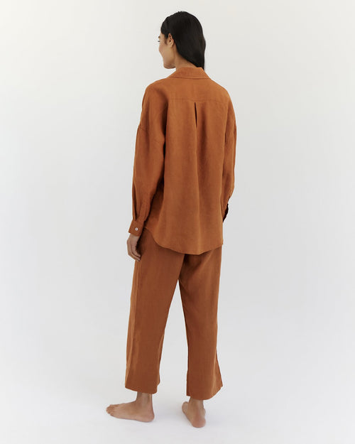 100% Linen Long Sleeve Shirt in Rust