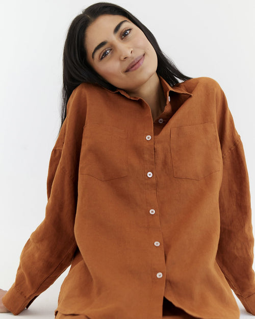 100% Linen Long Sleeve Shirt in Rust