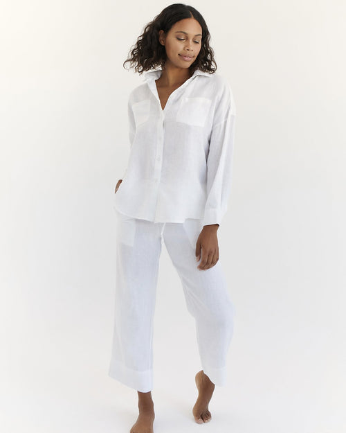 100% Linen Long Sleeve Shirt in White
