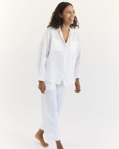 100% Linen Long Sleeve Shirt in White