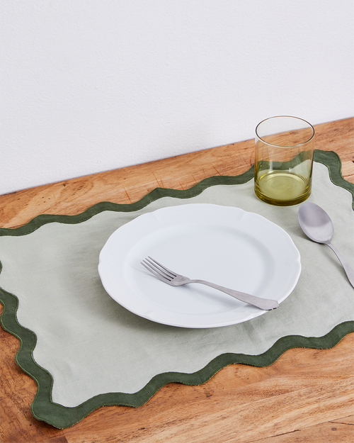 100% Linen Scalloped Placemats in Sage & Olive (Set of Four)