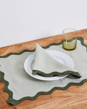 Load image into Gallery viewer, 100% Linen Scalloped Napkins in Sage &amp; Olive (Set of Four)