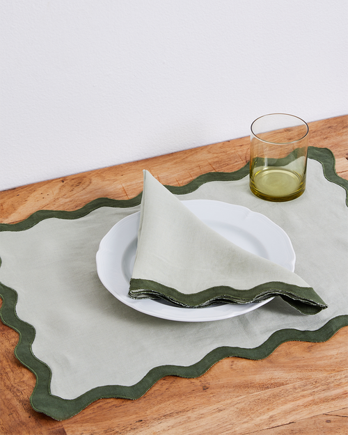 100% Linen Scalloped Napkins in Sage & Olive (Set of Four)