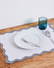 Load image into Gallery viewer, 100% Linen Scalloped Placemats in White &amp; Mineral (Set of Four)