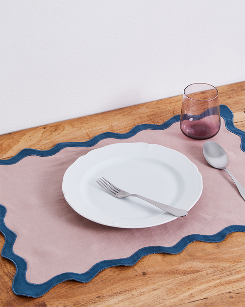 100% Linen Scalloped Placemats in Lavender & Petrol (Set of Four)