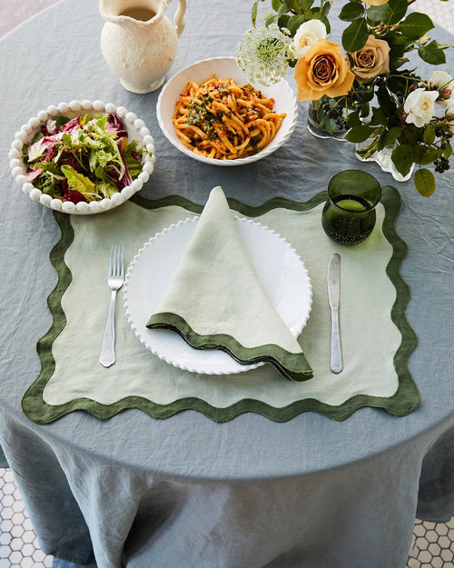 100% Linen Scalloped Placemats in Sage & Olive (Set of Four)