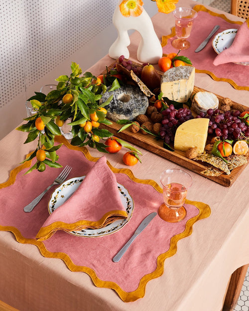100% Linen Scalloped Placemats in Pink Clay & Turmeric (Set of Four)