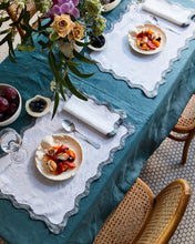 Load image into Gallery viewer, 100% Linen Scalloped Placemats in White &amp; Mineral (Set of Four)