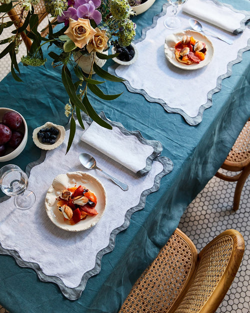 100% Linen Scalloped Placemats in White & Mineral (Set of Four)
