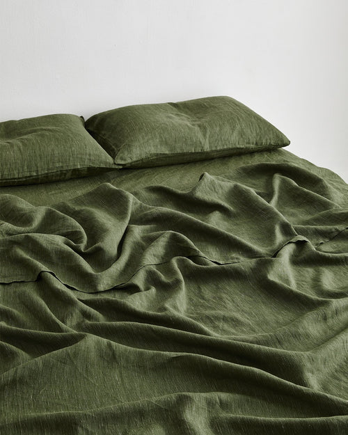 Olive Stripe 100% Flax Linen Flat Sheet