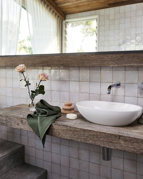 100% Linen Waffle Hand and Face Towel in Olive