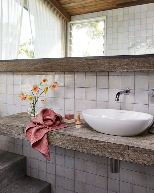 100% Linen Waffle Hand and Face Towel in Pink Clay