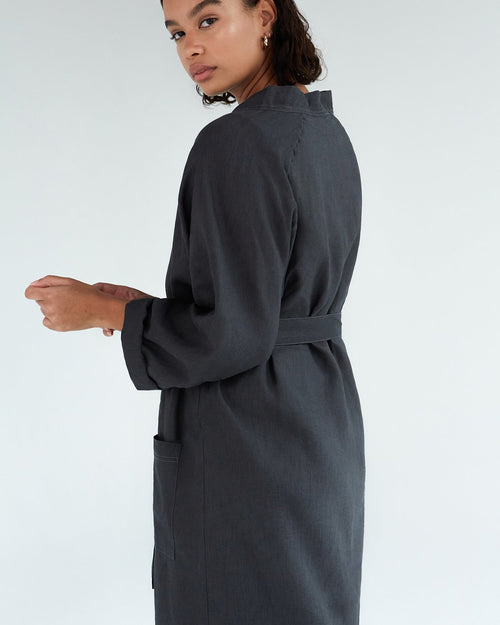 100% French Flax Linen Classic Robe in Charcoal