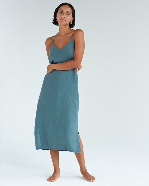 100% French Flax Linen Midi Dress in Petrol