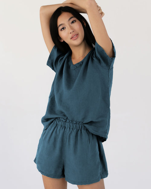 100% French Flax Linen Shorts in Petrol