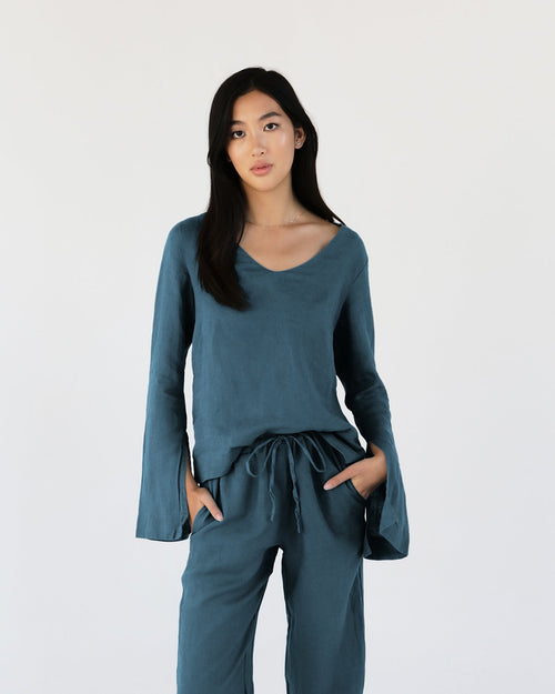 100% French Flax Linen Top in Petrol