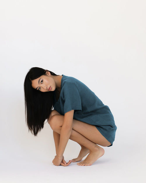 100% French Flax Linen Shorts in Petrol