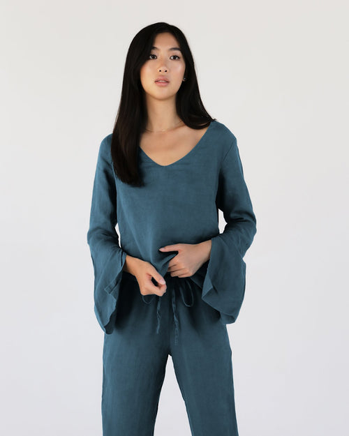 100% French Flax Linen Top in Petrol