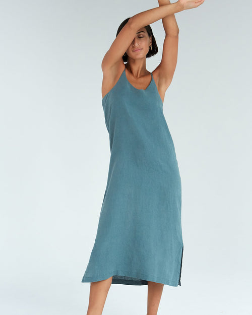 100% French Flax Linen Midi Dress in Petrol