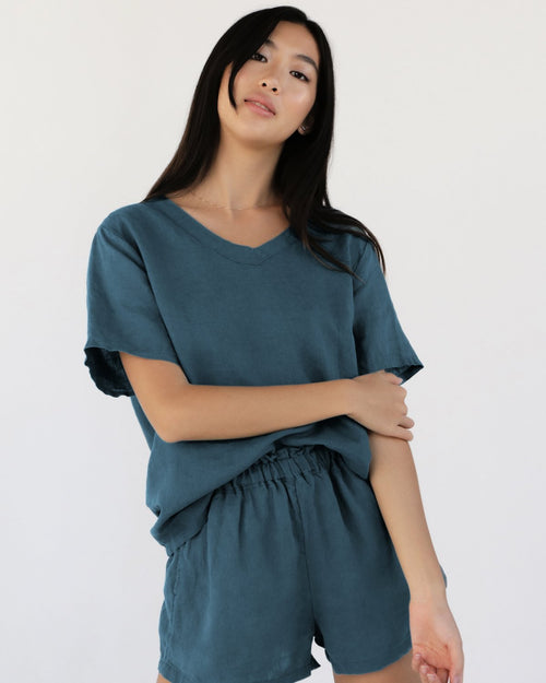 100% French Flax Linen T-Shirt in Petrol