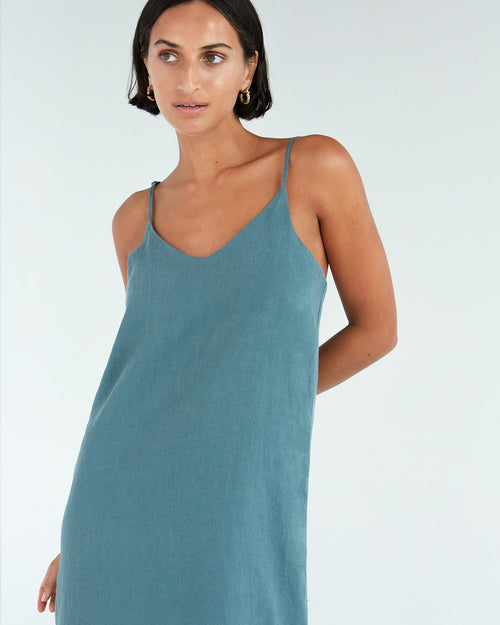 100% French Flax Linen Midi Dress in Petrol