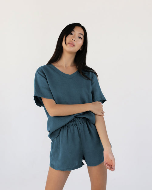 100% French Flax Linen Shorts in Petrol