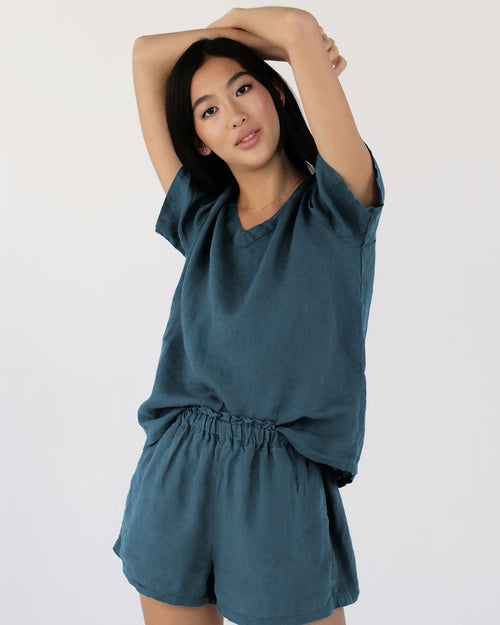 100% French Flax Linen T-Shirt in Petrol