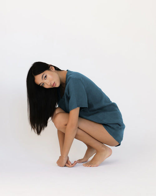 100% French Flax Linen T-Shirt in Petrol