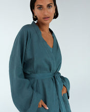 Load image into Gallery viewer, 100% French Flax Linen Classic Robe in Petrol