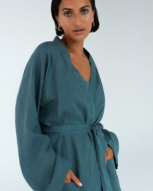100% French Flax Linen Classic Robe in Petrol