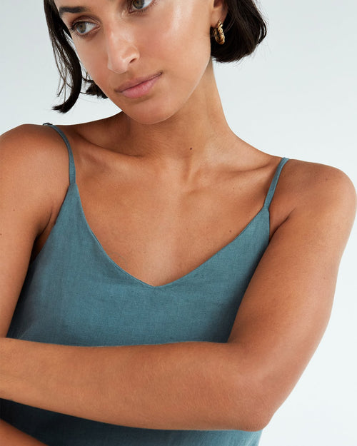 100% French Flax Linen Midi Dress in Petrol