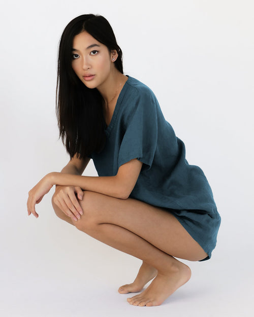 100% French Flax Linen Shorts in Petrol