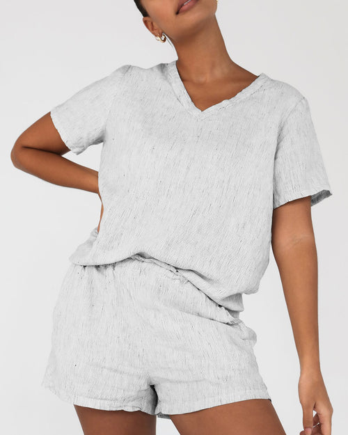 100% French Flax Linen Shorts in Pinstripe