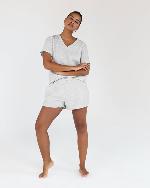 100% French Flax Linen Shorts in Pinstripe