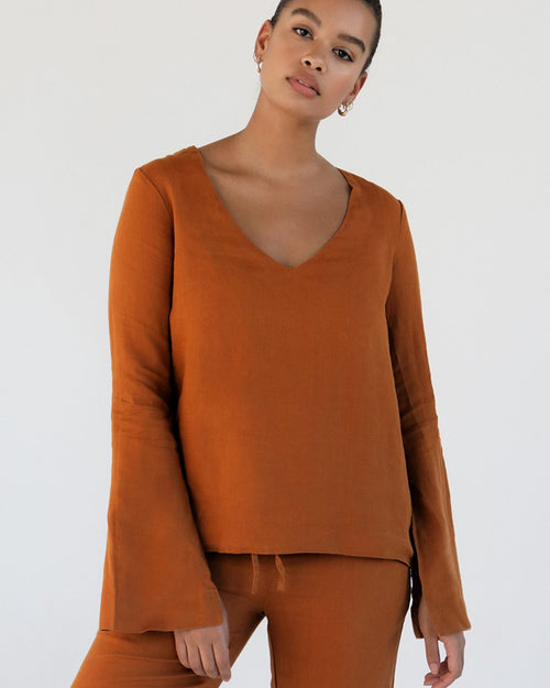 100% French Flax Linen Top in Rust